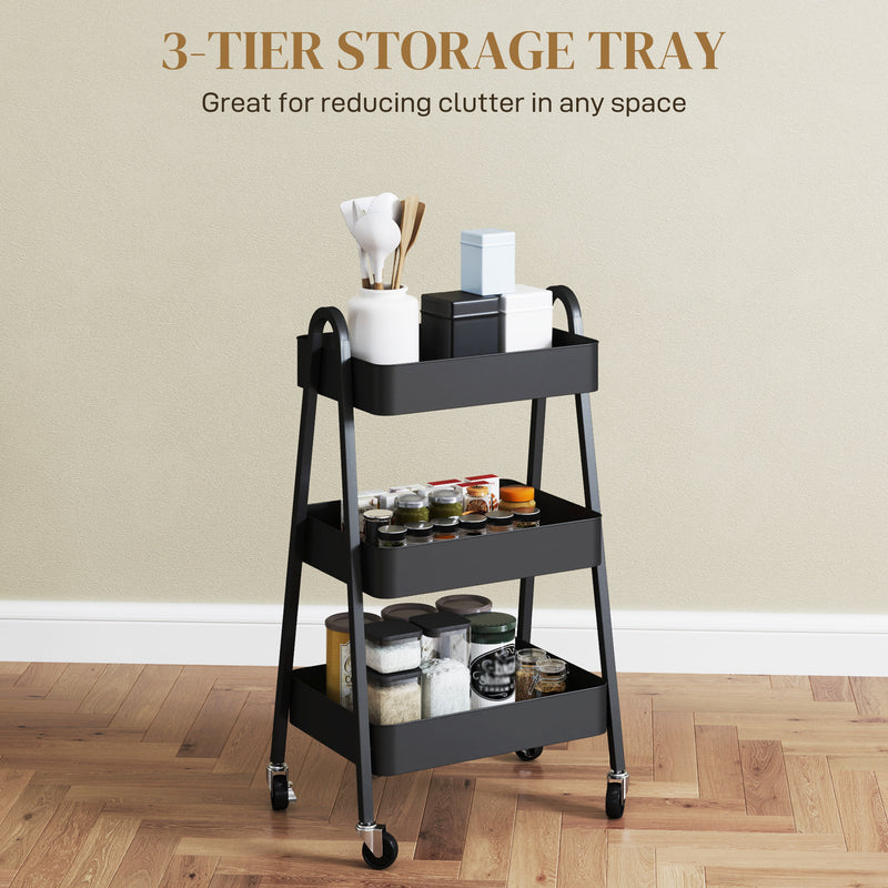 HOMCOM 3-Tier Rolling Utility Cart Kitchen Storage Trolley on Wheels Black