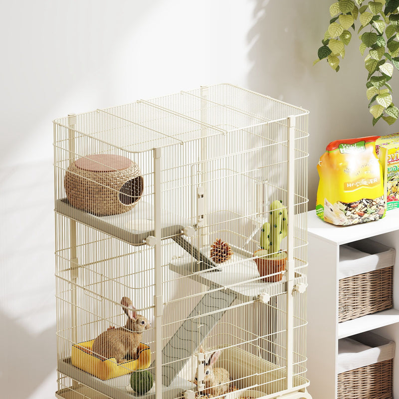 PawHut 4 Levels Rolling Small Animal Cage, Rabbit Cage with 15cm Deep Bottom
