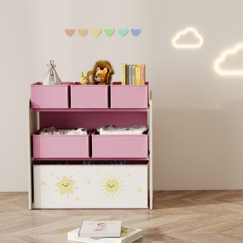AIYAPLAY 3-Tier Kids Storage Shelf With 6 Removable Fabric Boxes,