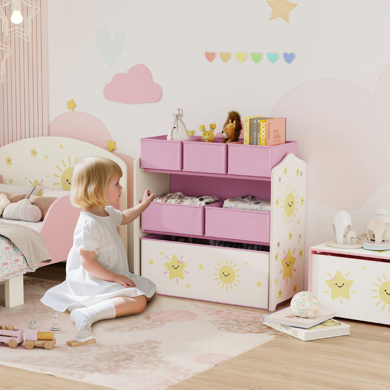 AIYAPLAY 3-Tier Kids Storage Shelf With 6 Removable Fabric Boxes,