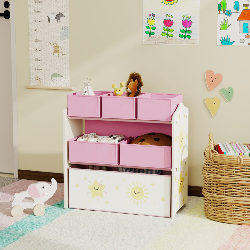 AIYAPLAY 3-Tier Kids Storage Shelf With 6 Removable Fabric Boxes,