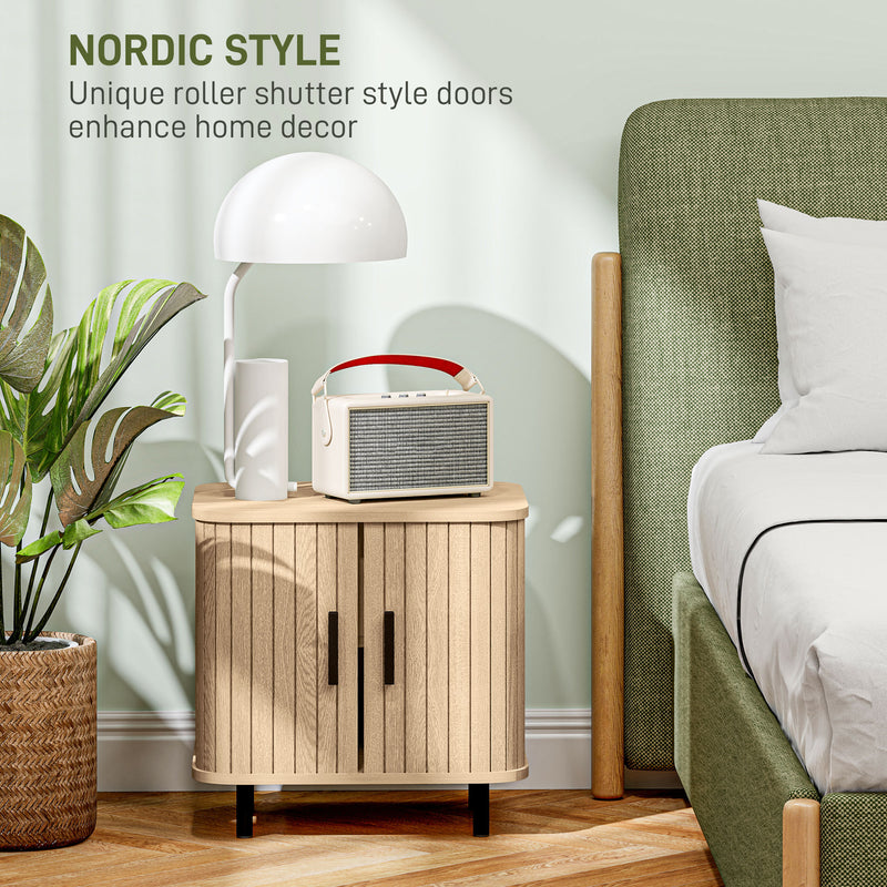 HOMCOM Nightstand With Sliding Doors And Metal Legs For Bedroom Oak Tone