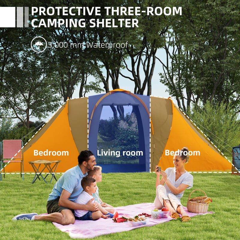 Outsunny 4-6 Man Camping Tent With 2 Bedroom And Living Area, Grey And Orange