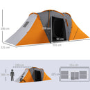 Outsunny 4-6 Man Camping Tent With 2 Bedroom And Living Area, Grey And Orange