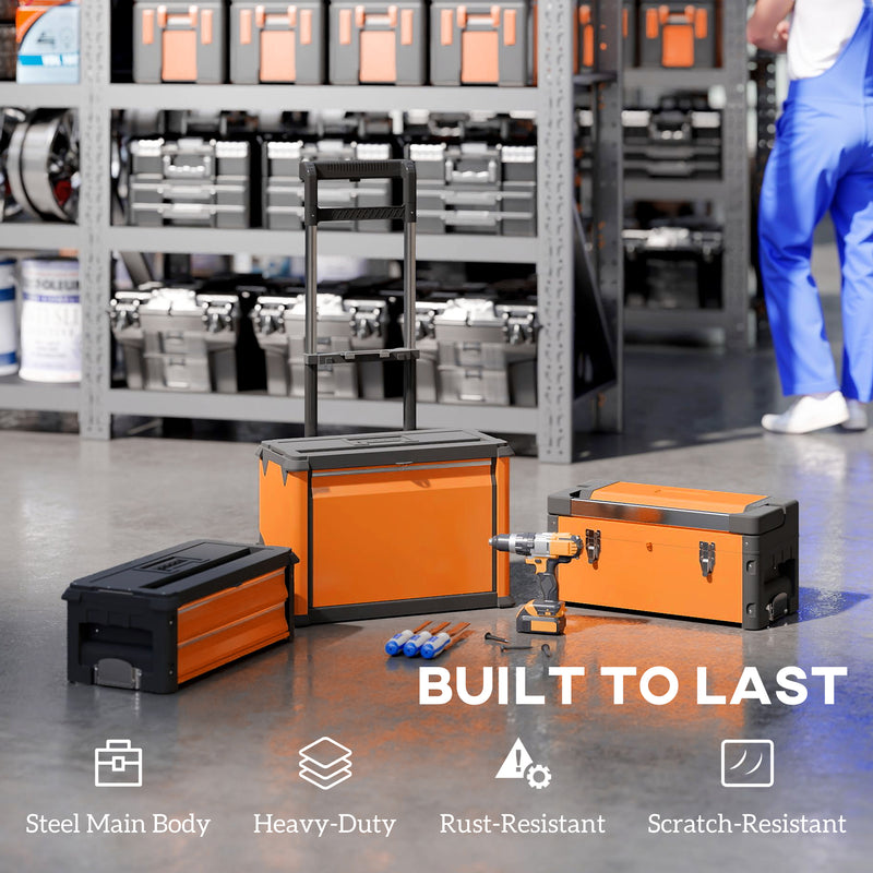 HOMCOM 3-Tier Tool Box with Wheels, Stackable Steel Toolbox