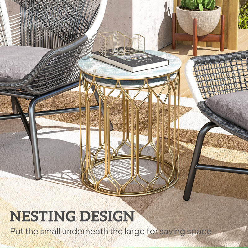 Outsunny Nesting Small Garden Table Set of 2 with Marble Effect Top