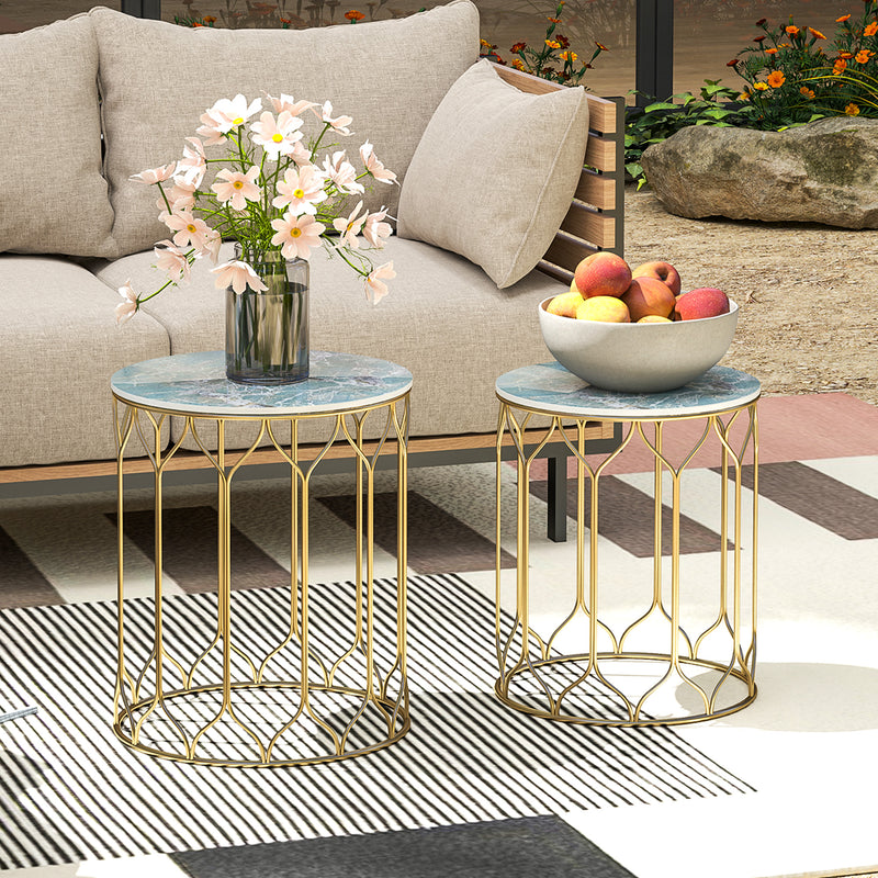 Outsunny Nesting Small Garden Table Set of 2 with Marble Effect Top