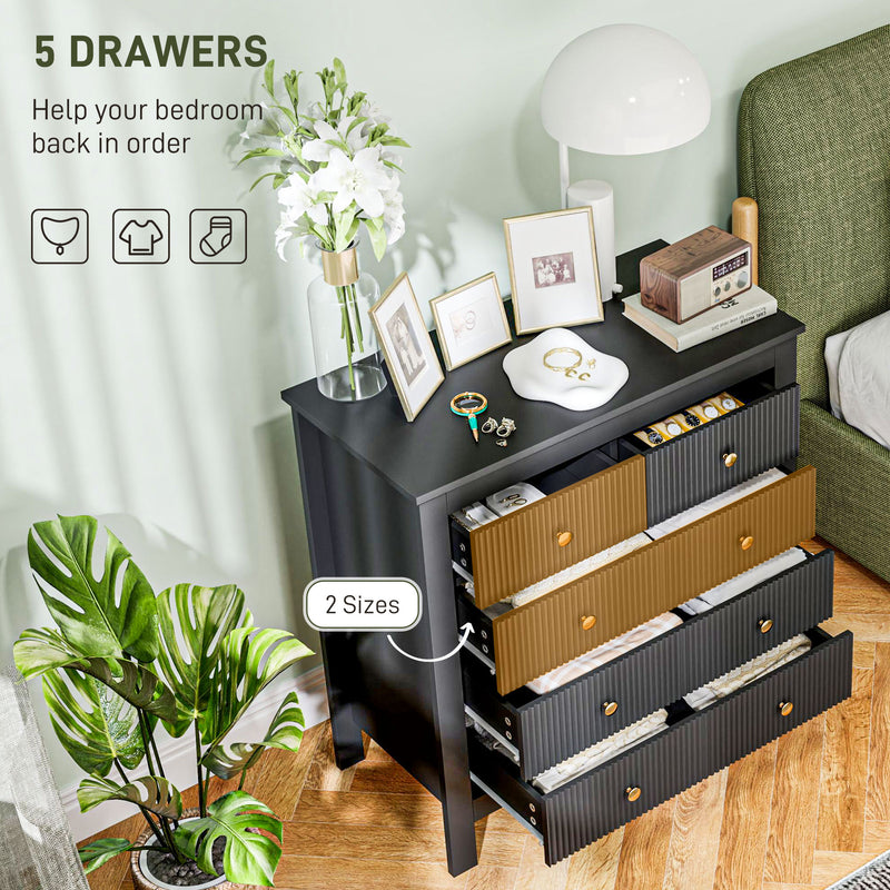 HOMCOM Fluted Bedroom Chest of Drawers w/ 5 Drawers Gold Tone Handles