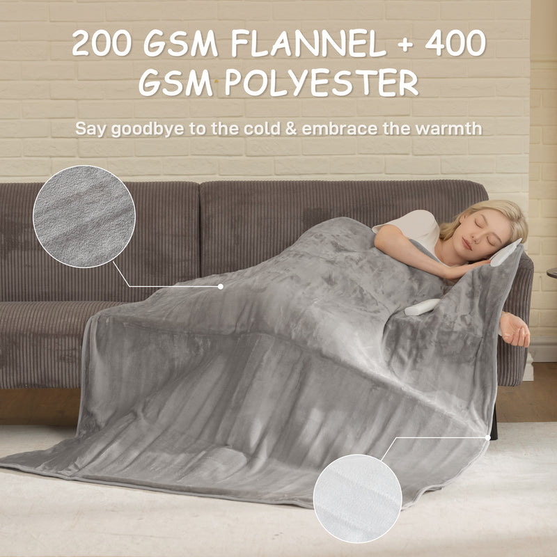 HOMCOM Flannel Fabric Heated Throw, Machine Washable Electric Blanket, Grey