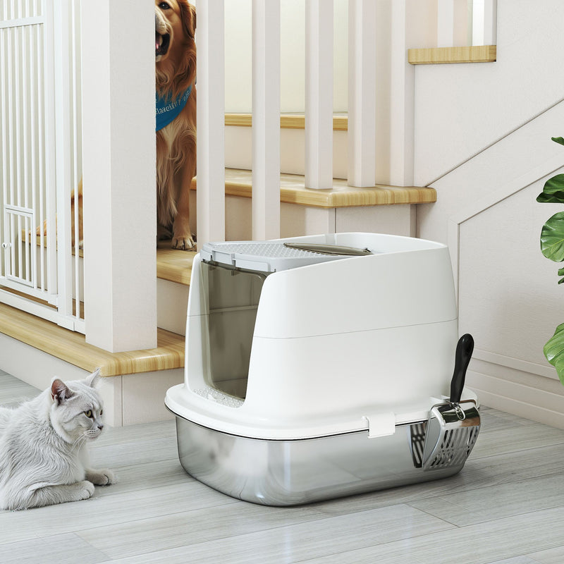 PawHut Stainless Steel Litter Box, Enclosed Metal Cat Litter Tray with Scoop