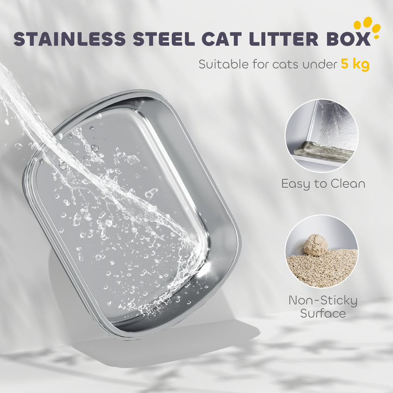 PawHut Stainless Steel Litter Box, Enclosed Metal Cat Litter Tray with Scoop