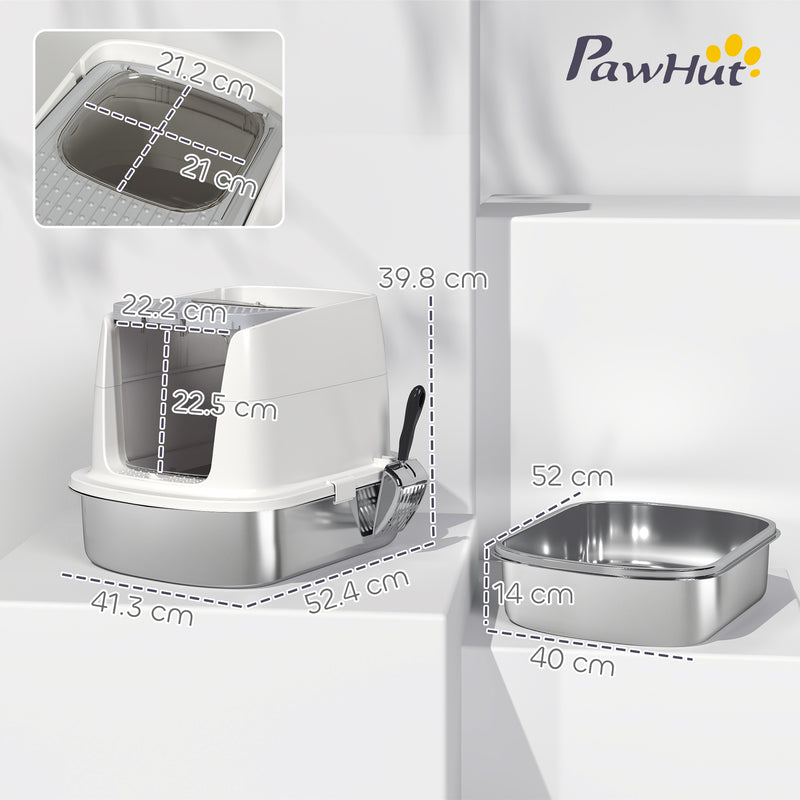 PawHut Stainless Steel Litter Box, Enclosed Metal Cat Litter Tray with Scoop