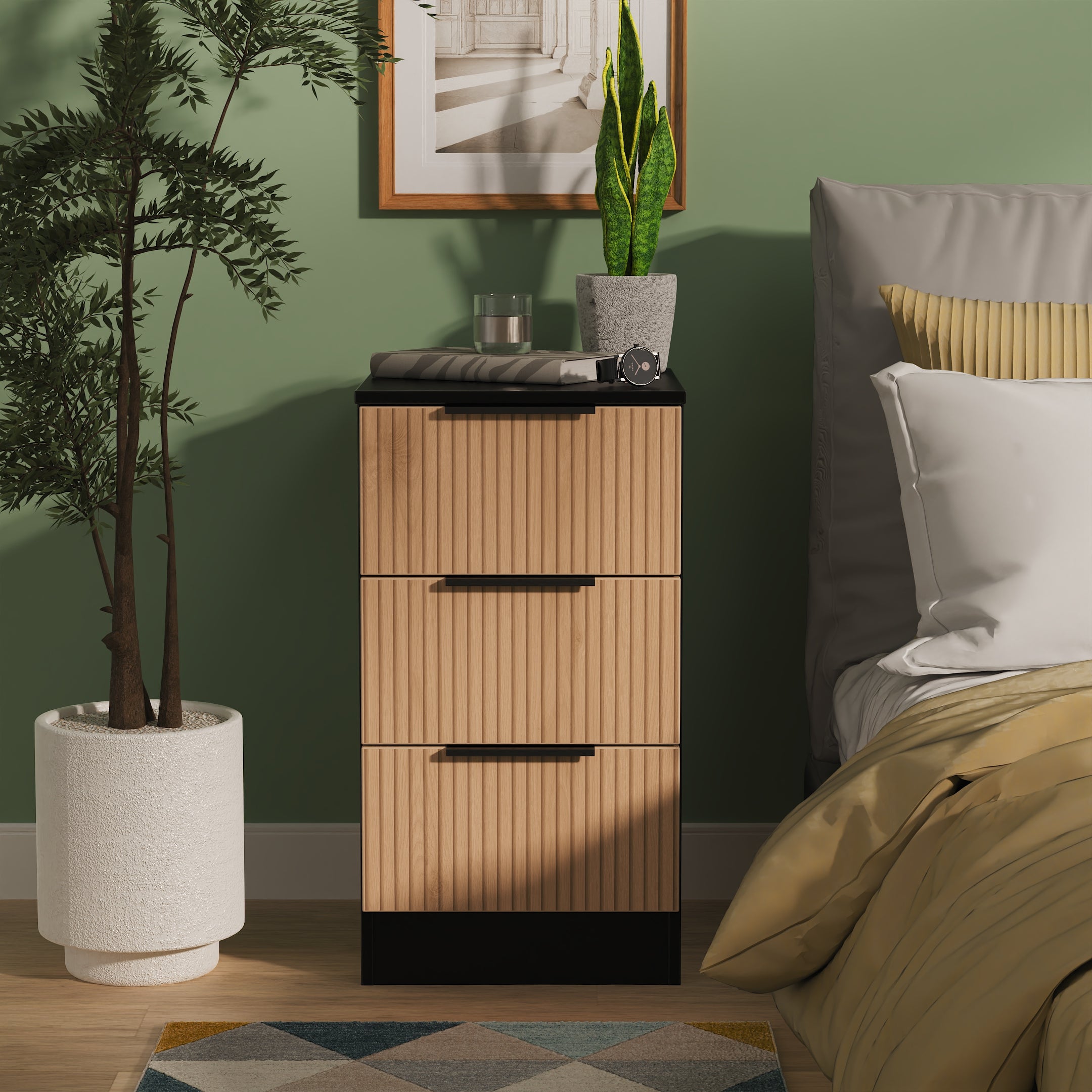 Slat Drawer Alaska Ready Assembled 3 Drawer Bedside Cabinet in Slat Effect & Black