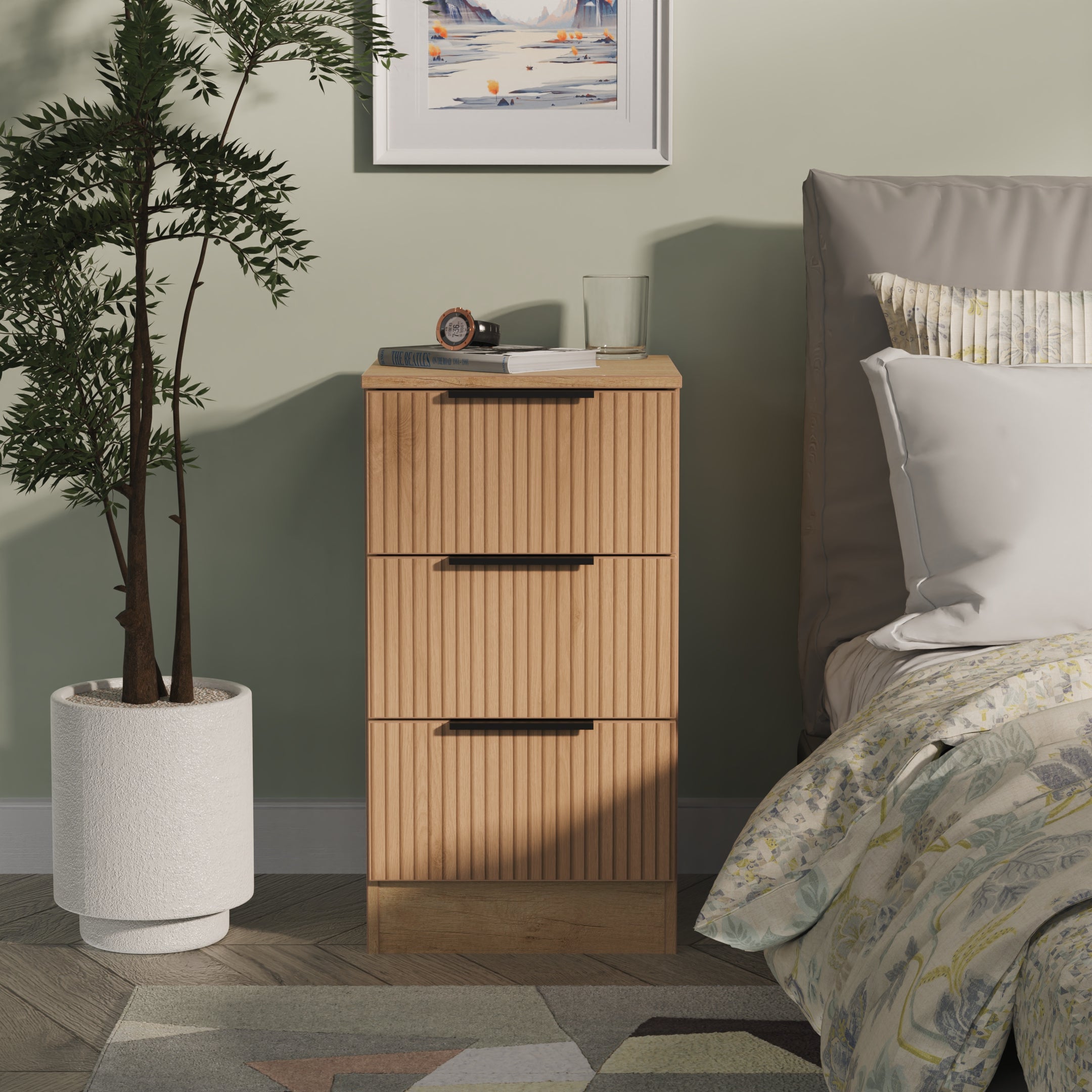 Slat Drawer Alaska Ready Assembled 3 Drawer Bedside Cabinet in Slat Effect & Nebra