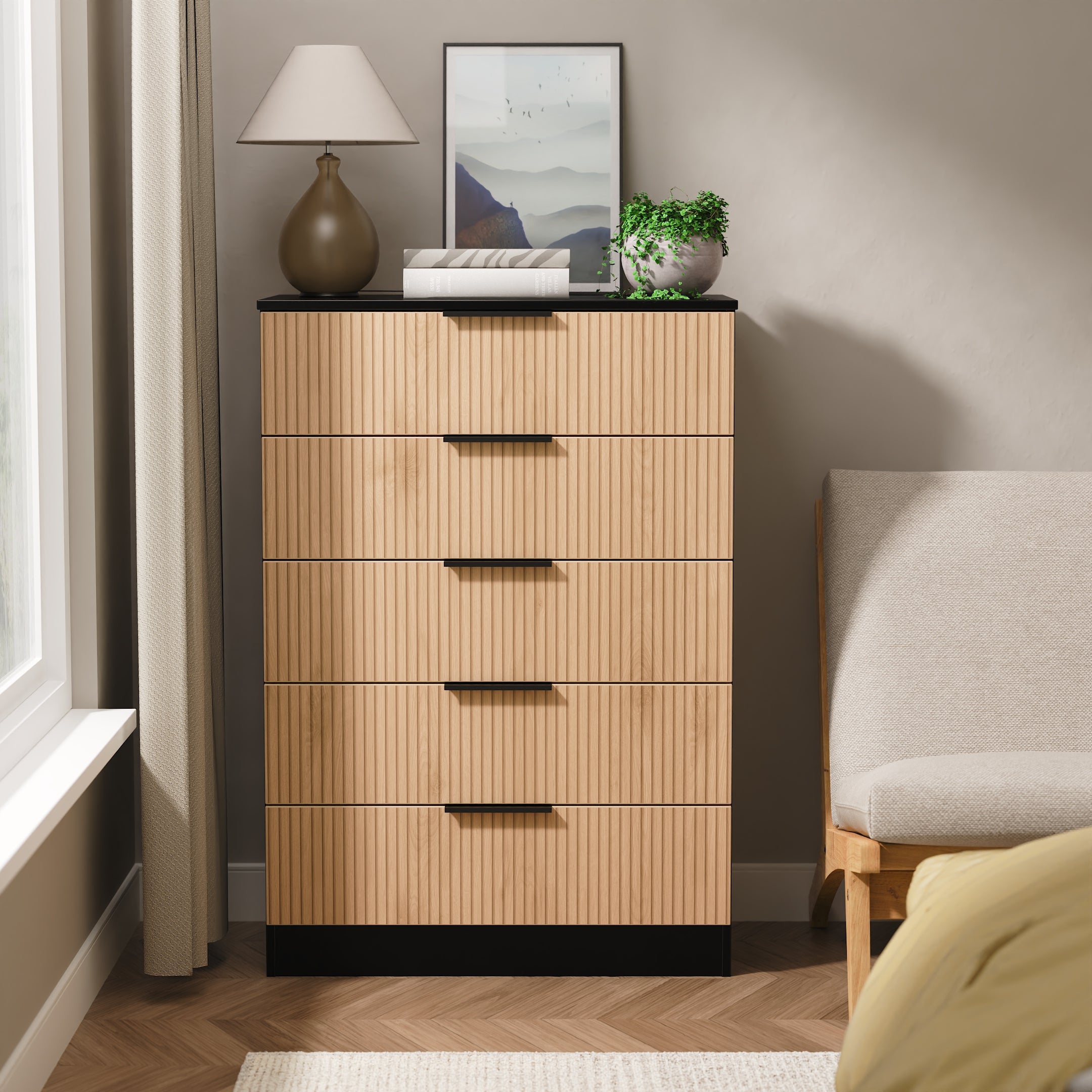 Alaska Ready Assembled 5 Drawer Chest in Slat Effect & Black