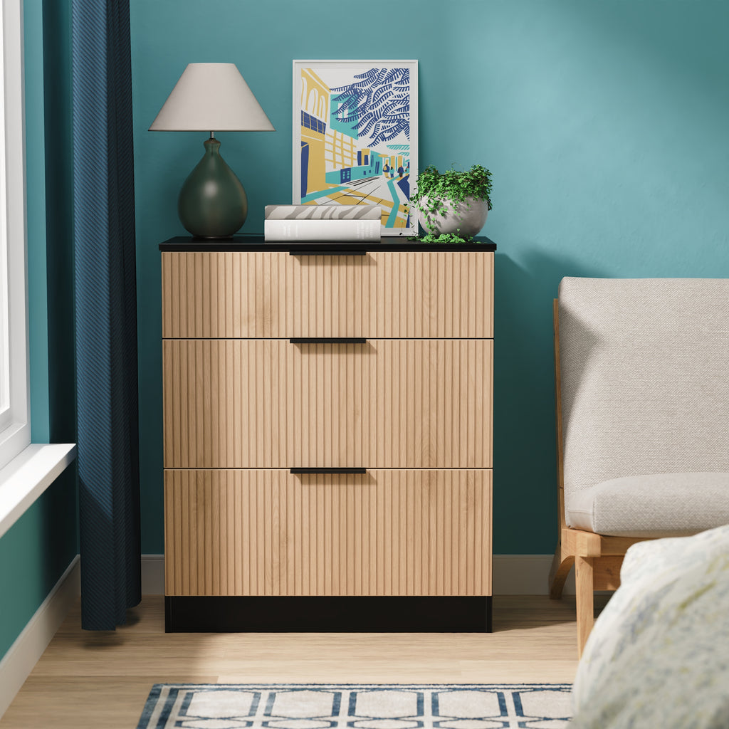 Slat Drawer Alaska Ready Assembled 3 Drawer Deep Chest in Slat Effect & Black