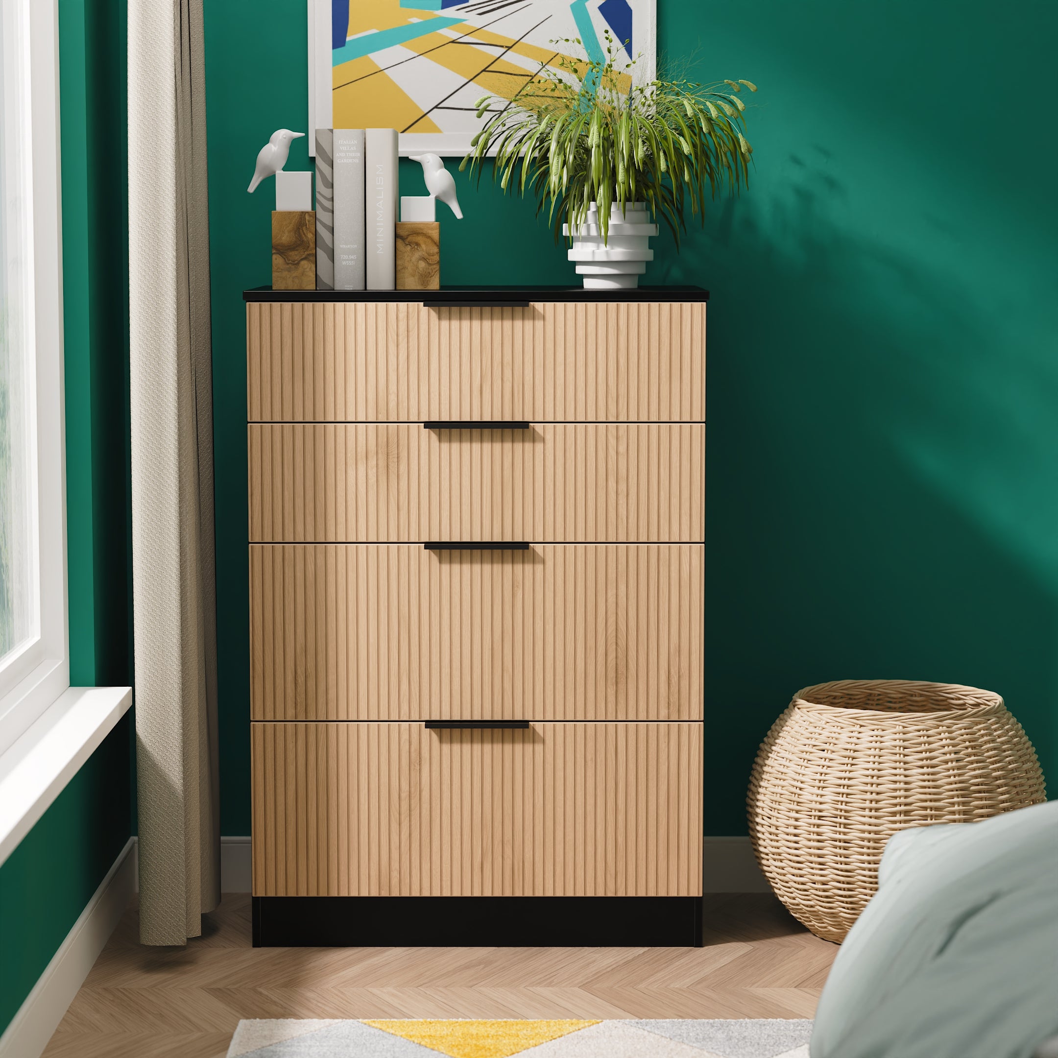 Alaska Ready Assembled 4 Drawer Deep Chest in Slat Effect & Black