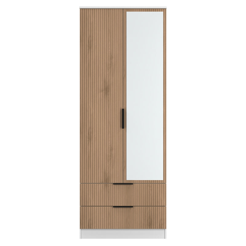 Java Tall 2 Door 2drw Mirrored Robe in Slatted Effect / White - Ready Assembled