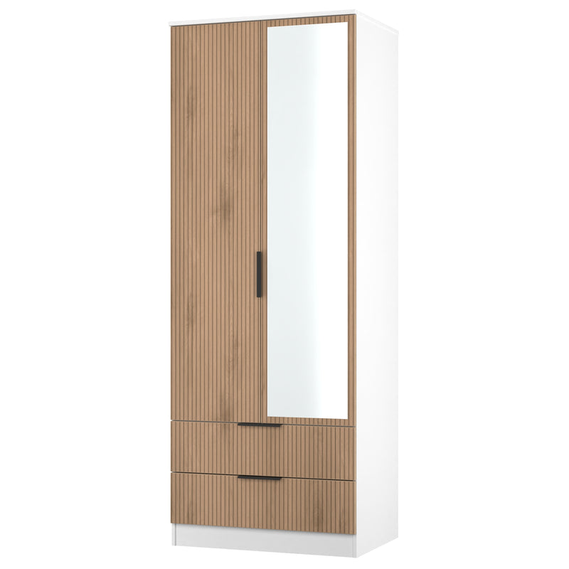 Java Tall 2 Door 2drw Mirrored Robe in Slatted Effect / White - Ready Assembled