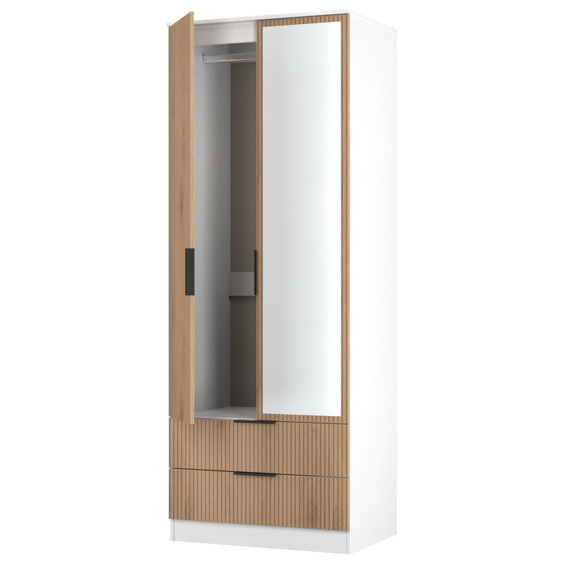 Java Tall 2 Door 2drw Mirrored Robe in Slatted Effect / White - Ready Assembled