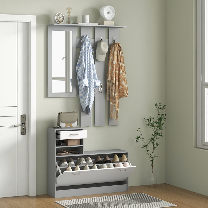 HOMCOM Hallway Furniture Set With Shoe Cabinet, Coat Rack And Mirror