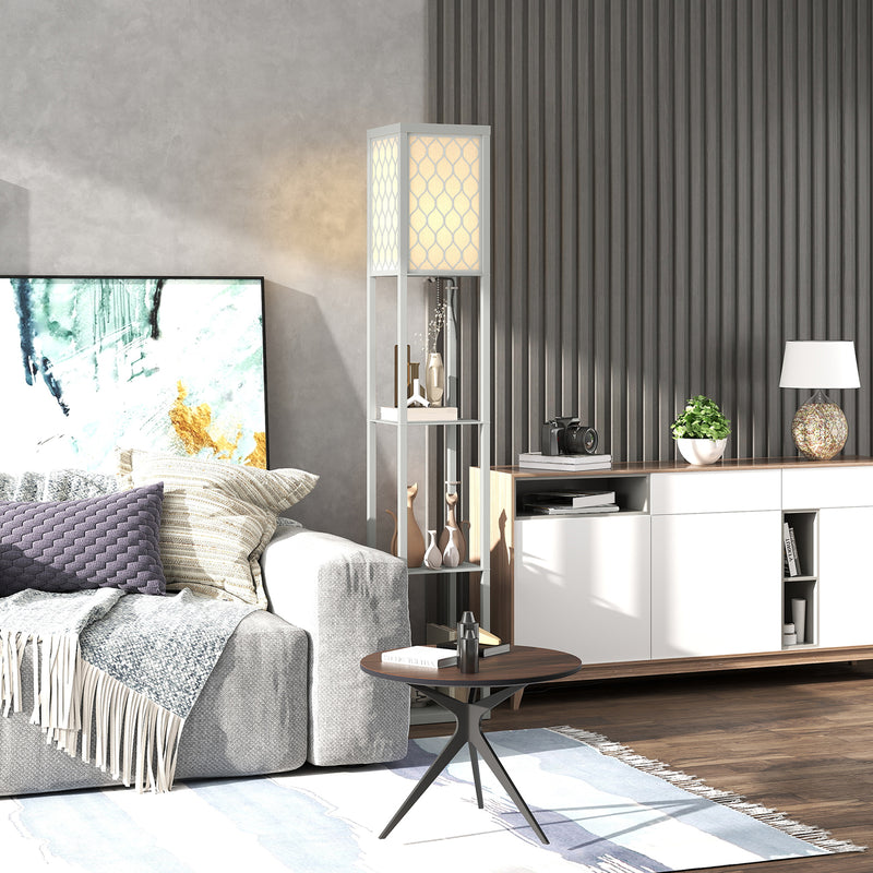 HOMCOM Modern Floor Lamp Light With 3 Shelves Fabric Lampshade