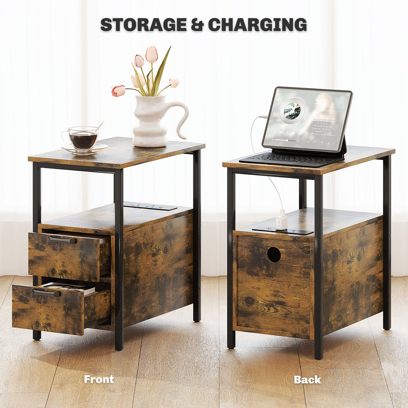 HOMCOM Bedside Table with Charging Station for Living Room, Rustic Brown