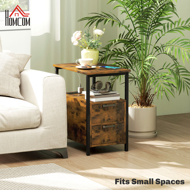 HOMCOM Bedside Table with Charging Station for Living Room, Rustic Brown
