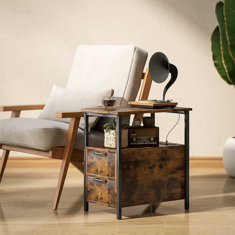 HOMCOM Bedside Table with Charging Station for Living Room, Rustic Brown