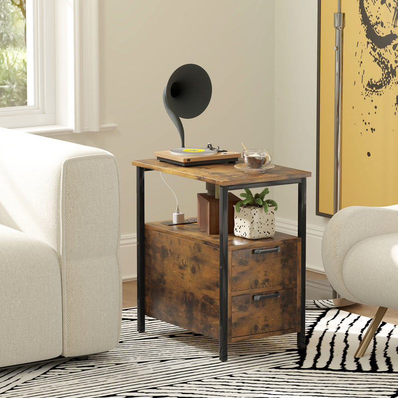 HOMCOM Bedside Table with Charging Station for Living Room, Rustic Brown