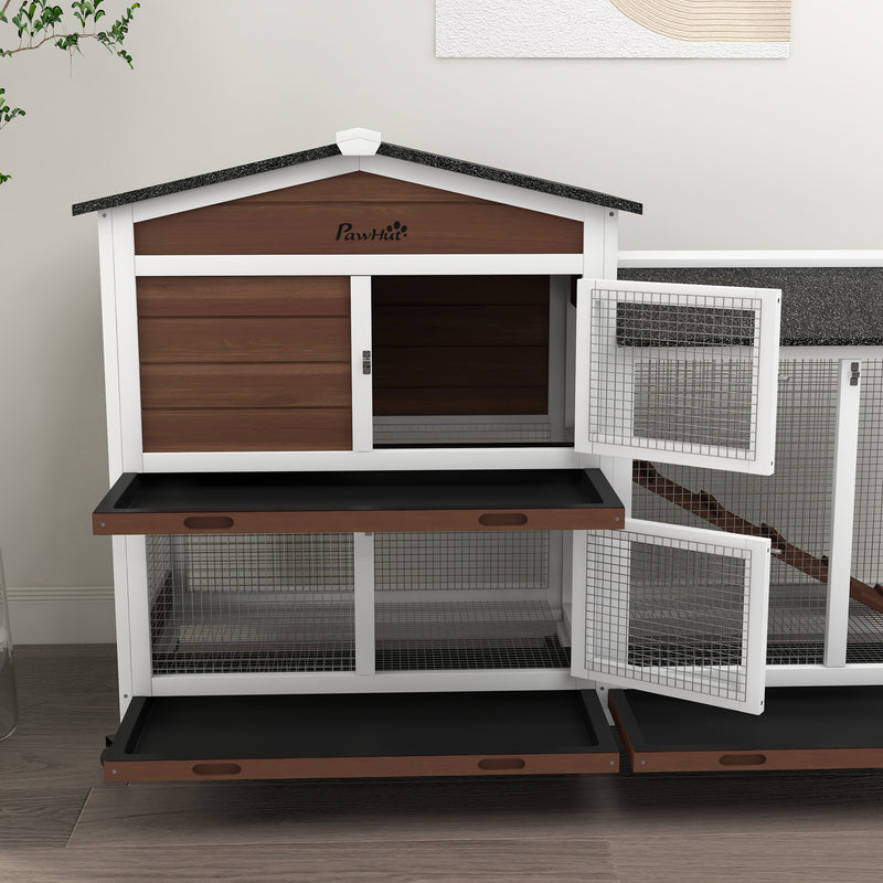PawHut Wooden Rabbit Hutch Guinea Pig Cage w/ Wheels, Run, Ramp