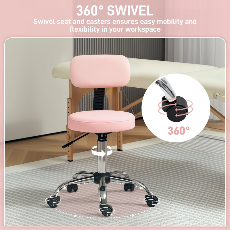 HOMCOM Rolling Stool with Backrest, Wheels, Faux Leather Salon Chair