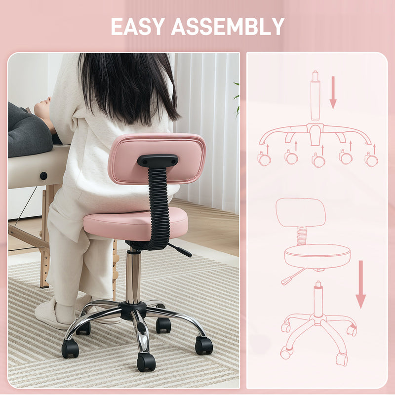 HOMCOM Rolling Stool with Backrest, Wheels, Faux Leather Salon Chair