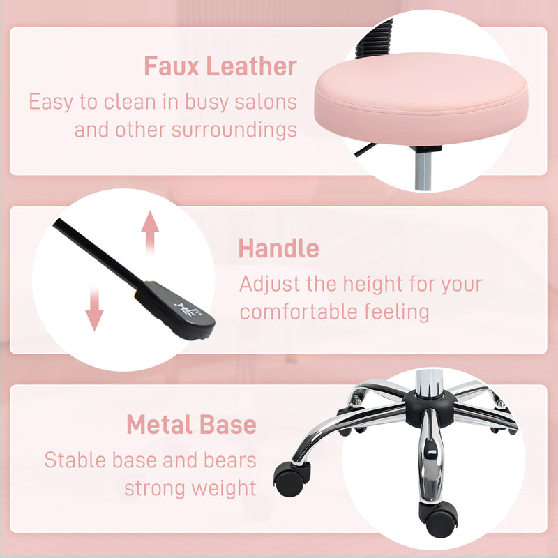 HOMCOM Rolling Stool with Backrest, Wheels, Faux Leather Salon Chair