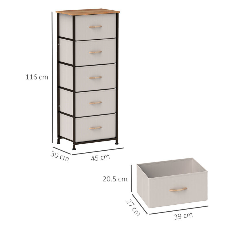 HOMCOM 5 Drawer Fabric Chest of Drawers w/ Wooden Top for Hallway