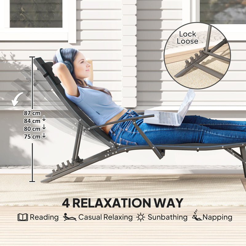 Outsunny Set of 2 Garden Sun Loungers, Folding Chaise Lounge Chairs, Grey