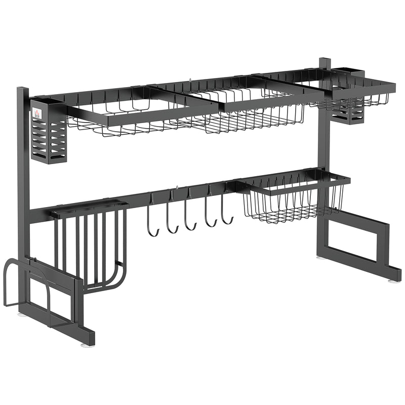 HOMCOM 93cm Over The Sink Dish Drainer Rack, 2 Tier Dish Rack for Kitchen, Black