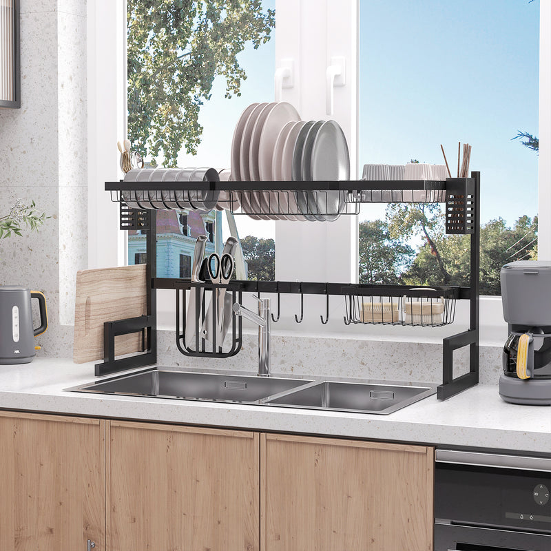 HOMCOM 93cm Over The Sink Dish Drainer Rack, 2 Tier Dish Rack for Kitchen, Black