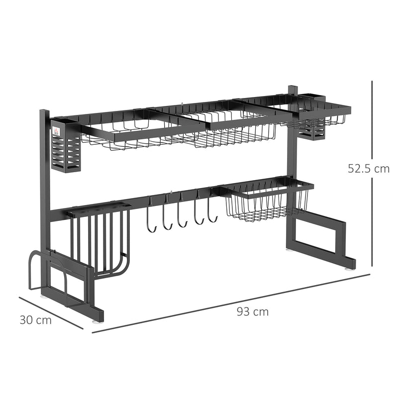 HOMCOM 93cm Over The Sink Dish Drainer Rack, 2 Tier Dish Rack for Kitchen, Black