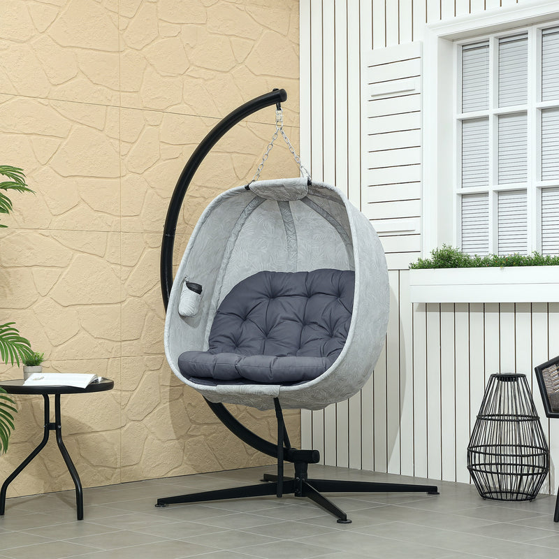Outsunny Hanging Egg Chair Outdoor Indoor Swing Chair, Folding Basket, Sand