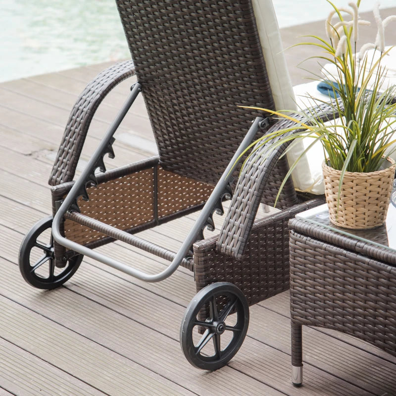 Outsunny Rattan Lounger Set with Side Table - Brown
