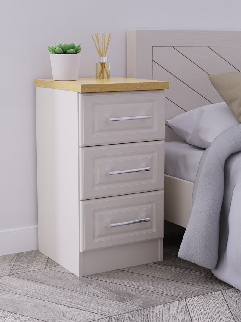 Kingston Ready Assembled 3 Drawer Bedside Cabinet in Kashmir Ash & Modern Oak
