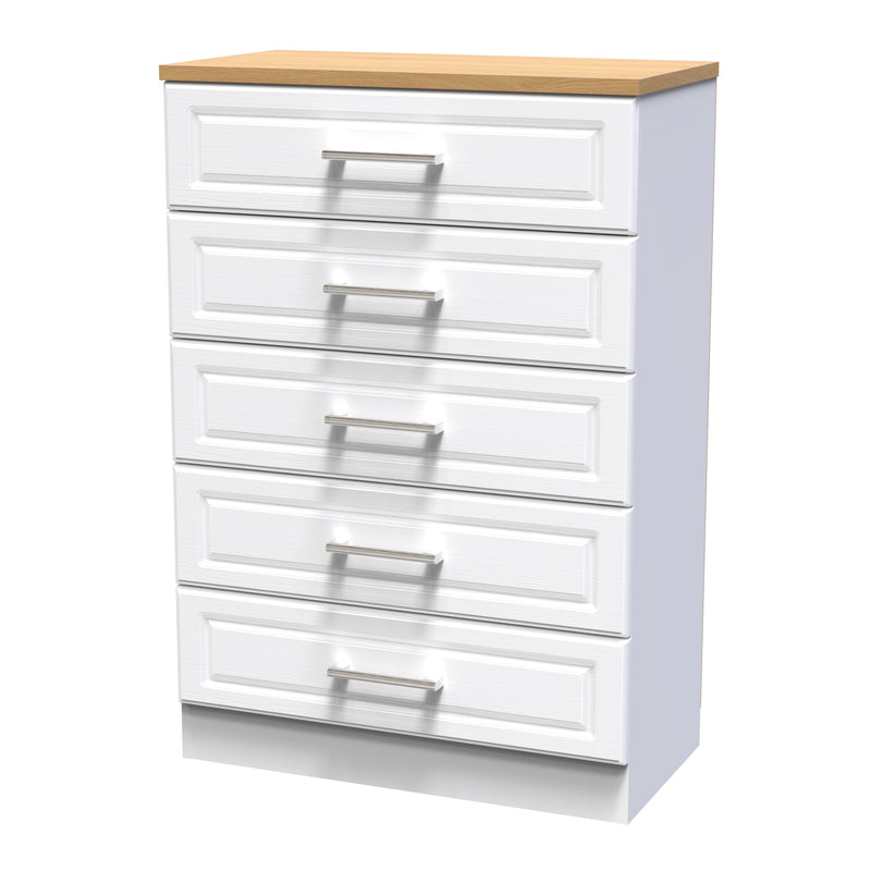 Kingston Ready Assembled Chest of Drawers with 5 Drawers  - White Ash & Bardolino Oak