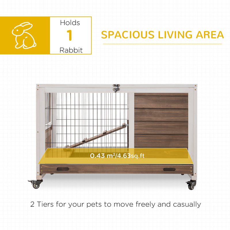 PawHut Wood Indoor Rabbit Hutch Elevated 2-Floor Guineas Pigs Cage w/ Wheels
