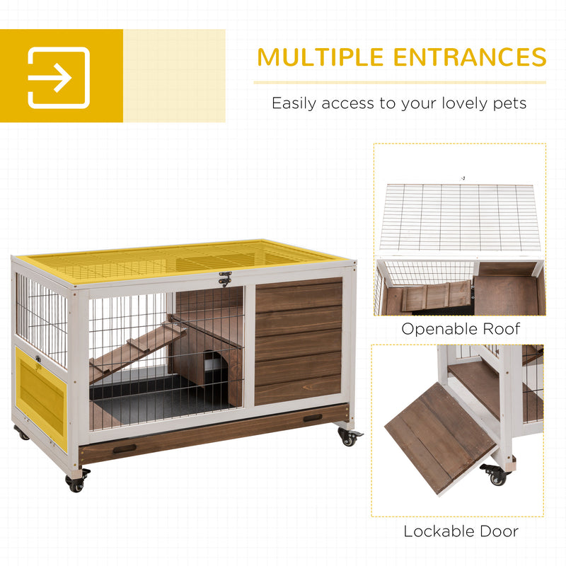 PawHut Wood Indoor Rabbit Hutch Elevated 2-Floor Guineas Pigs Cage w/ Wheels