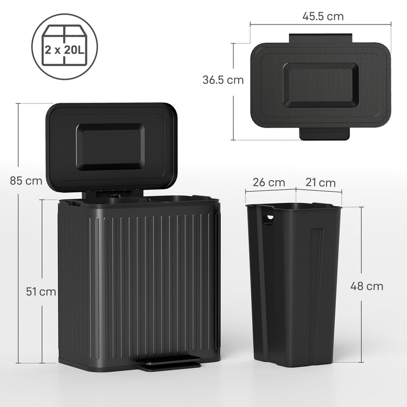 HOMCOM 2 X 20L Double Rubbish Bin, Pedal Bin With Soft-Close Lid
