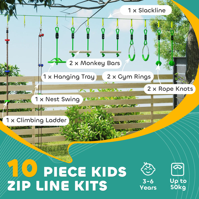 AIYAPLAY Obstacle Course for Kids with 10PCs Slackline Kit, Green