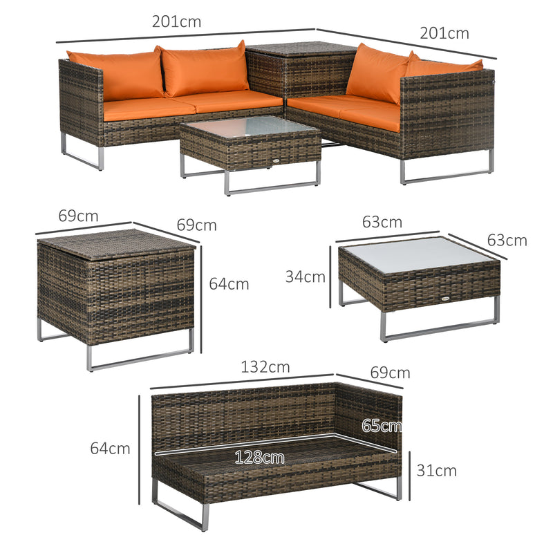 Outsunny 4Pcs Patio Rattan Sofa Garden Furniture Set with Table Cushions Orange