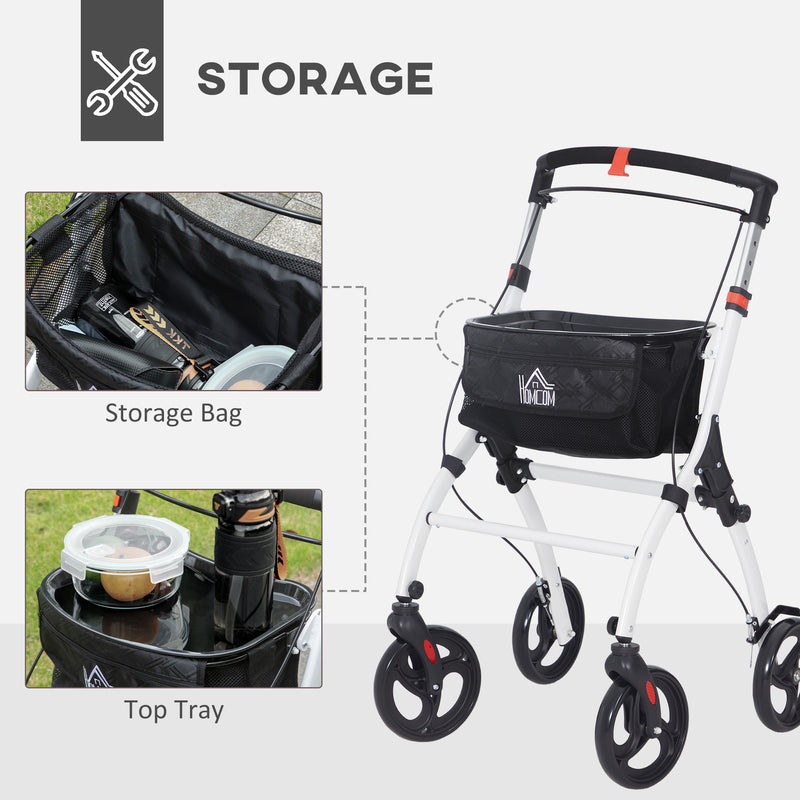 HOMCOM Folding Upright Rollator Walker with Storage Bag, Tray, White