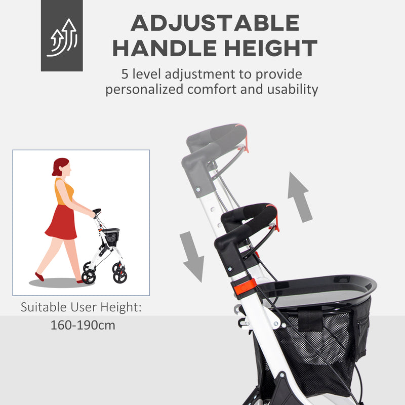 HOMCOM Folding Upright Rollator Walker with Storage Bag, Tray, White